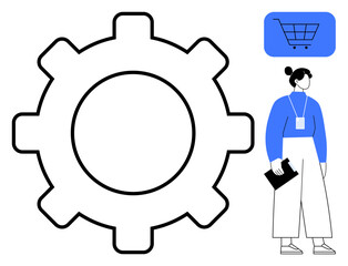 Gear representing settings or tools, woman holding clipboard representing organization or analysis, shopping cart for e-commerce. Ideal for business, technology, retail, teamwork, planning, workflow