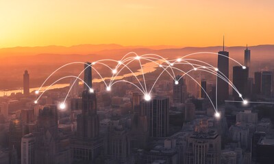 A cityscape at sunset with digital connection lines overlaying the buildings, representing networking.