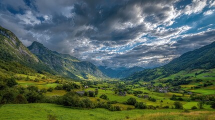 Lush valley nestled in a mountain range under dramatic sky