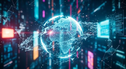 Digital globe surrounded by network connections, against a backdrop of abstract data streams and glowing shapes, representing global connectivity.