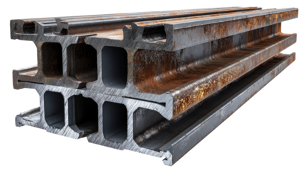 Close-up view of weathered steel beams stacked together, showcasing rust and wear. Ideal for illustrating construction, engineering, and industrial themes.