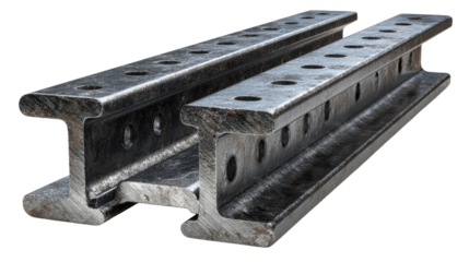 High-quality close-up of metallic railway tracks showcasing robust construction. The image highlights the intricate details, perfect for industrial and transportation themes.