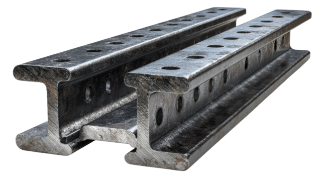 High-quality close-up of metallic railway tracks showcasing robust construction. The image highlights the intricate details, perfect for industrial and transportation themes.