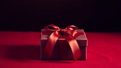 Elegant crimson gift box with satin ribbon, radiating a festive and luxurious atmosphere in minimalist style.