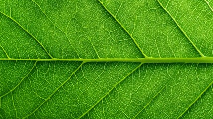 Vibrant green leaf fills the frame with detailed vein patterns. Sunlight highlights the texture in a lush garden setting. Nature's beauty is captured in fine detail.