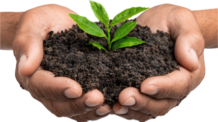 A pair of hands cradles rich soil with a young sprout emerging, symbolizing growth, nurturing, and the importance of environmental conservation and sustainability for future genera