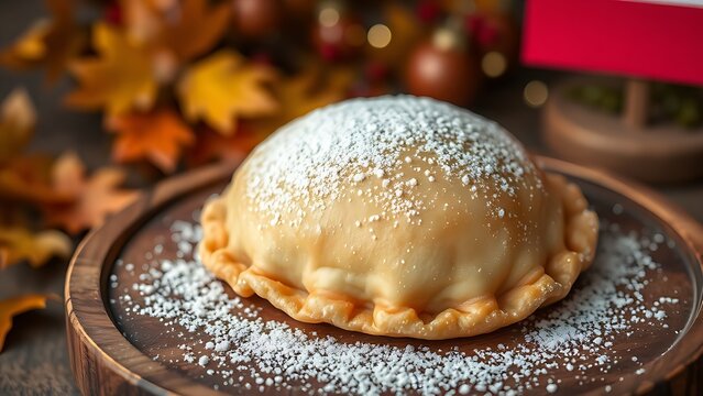 Traditional empanada on a rustic wooden plate, dusted with powdered sugar and autumn leaves behind.