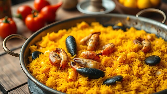 Traditional paella in a copper pan, saffron-yellow rice with seafood, set on a rustic table with festive decorations.