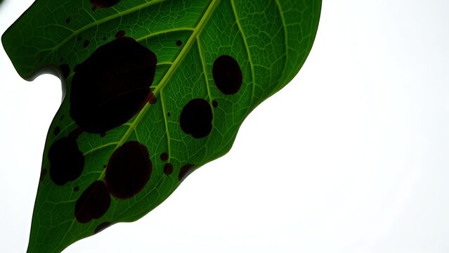 Abstract view of a wilting green leaf with dark spots against a sterile white background.