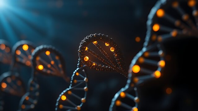 Dark DNA strands glowing under artificial light, revealing intricate hidden patterns.