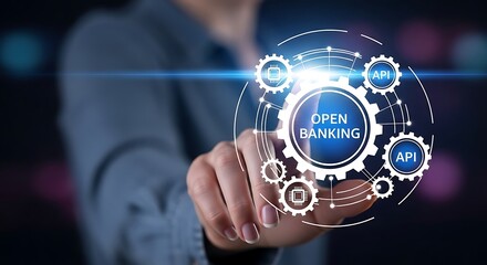 Woman interacts with a digital interface showcasing open banking technology, highlighting API integration and interconnected gears.