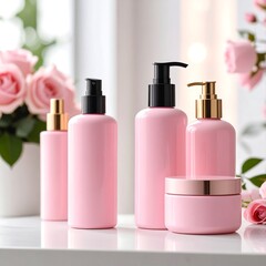 Pink cosmetic bottles and jar on white surface, near roses