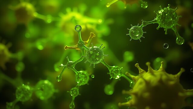 Microscopic view of green tea molecules activating cellular cleanup of neural debris, health-focused imagery.