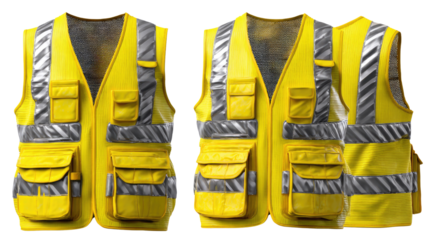 A collection of yellow safety vests featuring reflective stripes, designed for visibility in construction and industrial settings. Ideal for promoting safety and professionalism.