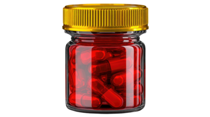 A clear glass jar filled with vibrant red capsules, topped with a golden lid. Perfect for illustrating health, medicine, and wellness themes in various design projects.