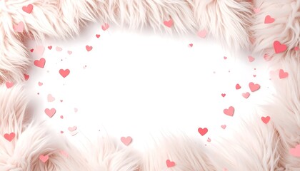 Fluffy pink background with scattered red hearts, creating a romantic and soft frame. Valentine's day background.