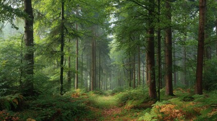 Fototapeta premium A serene path winds through a dense forest, flanked by tall trees and lush ferns. The early morning mist adds a tranquil atmosphere to the vibrant greenery.