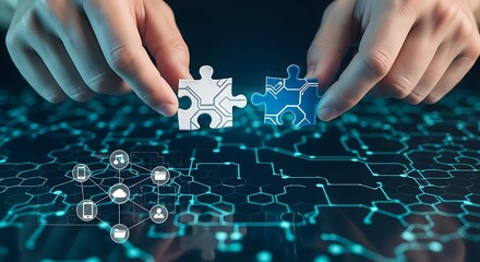 Hands connecting puzzle pieces over a digital circuit board, symbolizing collaboration.