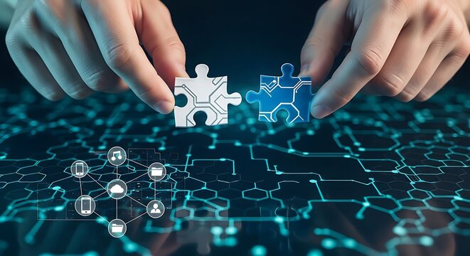 Hands connecting puzzle pieces over a digital circuit board, symbolizing collaboration.