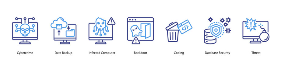 Digital Intrusion web banner icon vector illustration featuring Cybercrime, Data Backup, Infected Computer, Backdoor, Coding, Database Security, and Threat.
