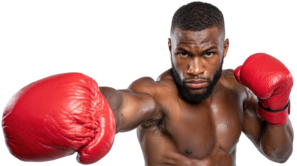 A focused boxer with red gloves is captured mid-punch, showcasing strength and determination. This image embodies the spirit of combat sports and athletic training.