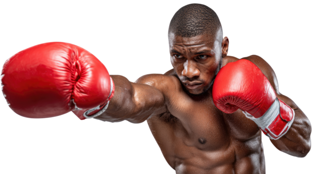 A focused boxer trains, displaying strength and determination. The image captures the athlete in action, showcasing powerful punches and the intensity of the sport.