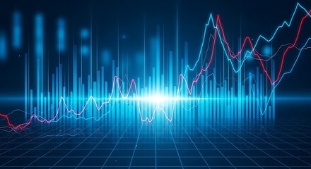 Abstract financial chart with upward trending lines and glowing light, against a blue background with grid and vertical bars.