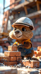 A Whimsical Construction Worker: Beaver in Overalls Building a Brick Wall, Cartoon Beaver with Hard Hat: Building Project in Progress