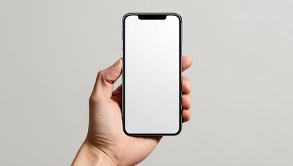 Hand holding a smartphone with a blank screen against a light gray background