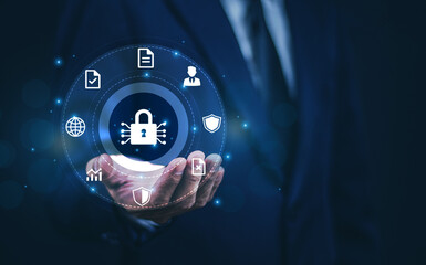 Businessman holding information technology tools for global communication and digital transformation in modern industries.