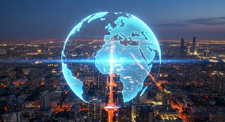 A digital globe hovers over a sprawling cityscape at night, highlighting global connectivity.