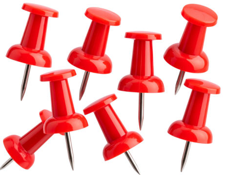 Assorted Red Push Pins Collection Isolated on Transparent Background PNG