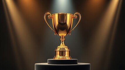 Golden trophy on dark velvet, illuminated by dramatic spotlight, symbolizing achievement and luxury.