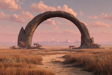 Fototapeta premium Futuristic Cityscape Through Stone Archway in Golden Field at Sunset