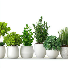 Collection of green potted plants in white pots isolated on transparent background