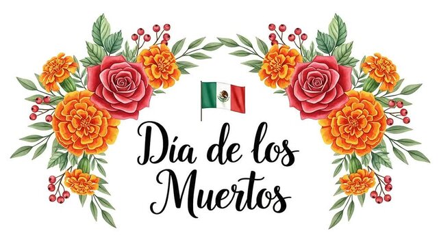 Day of the Dead greeting with watercolor marigold flowers and Mexican flag. Festive Dia de los Muertos banner illustration with traditional floral arrangement.