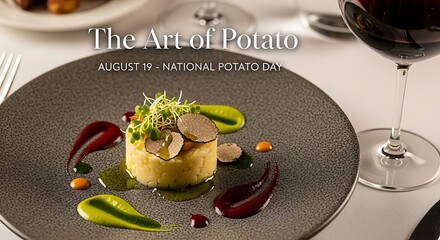 The art of potato a gourmet dish featuring potato, truffle, beet, and microgreen on a plate, accompanied by wine, celebrating national potato day