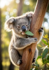 Fototapeta premium A cute koala eating a eucalyptus leaf while clinging to a tree in a sunny forest.