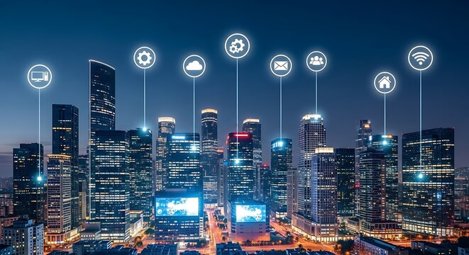 Futuristic cityscape at night with digital icons representing connected technology and data. - Powered by Adobe