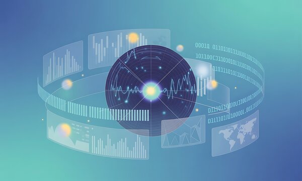 Abstract digital representation of data analysis, with a central sphere and surrounding charts.