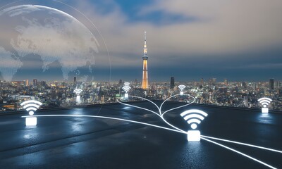 A futuristic cityscape with WiFi symbols overlaid, connecting to a central tower, representing global connectivity.
