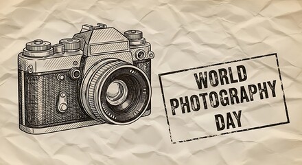 Vintage camera illustration with world photography day stamp on crumpled paper, celebrating the art and technology of capturing moments in time