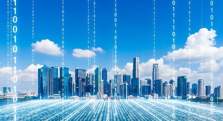City skyline with digital binary code overlayed, depicting technology and connectivity.