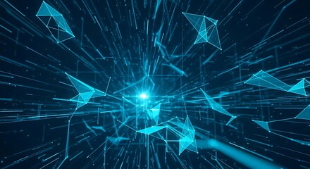 Abstract digital network illustration with interconnected lines and geometric shapes, glowing.