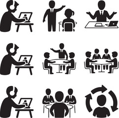 business, meeting, corporate, collaboration, teamwork, presentation, conference, seminar, office, communication, workflow, icon, set, vector