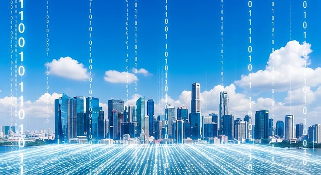 City skyline with digital binary code overlayed, depicting technology and connectivity.