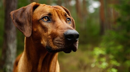 A Rhodesian Ridgeback stands alert in a peaceful forest, surrounded by tall trees and soft foliage. The early morning light creates a serene atmosphere as nature awakens.