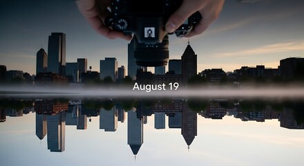 World photography day a photographer captures the stunning reflection of the cityscape in the tranquil water, showcasing the urban skyline and architectural beauty at sunset