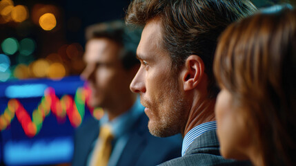 Corporate executives observing market trends with focus and determination, reflecting on impact of AI on business strategies