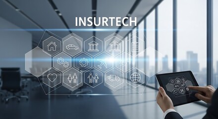 Insurtech concept: A person holds a tablet displaying icons related to insurance in a modern office setting.